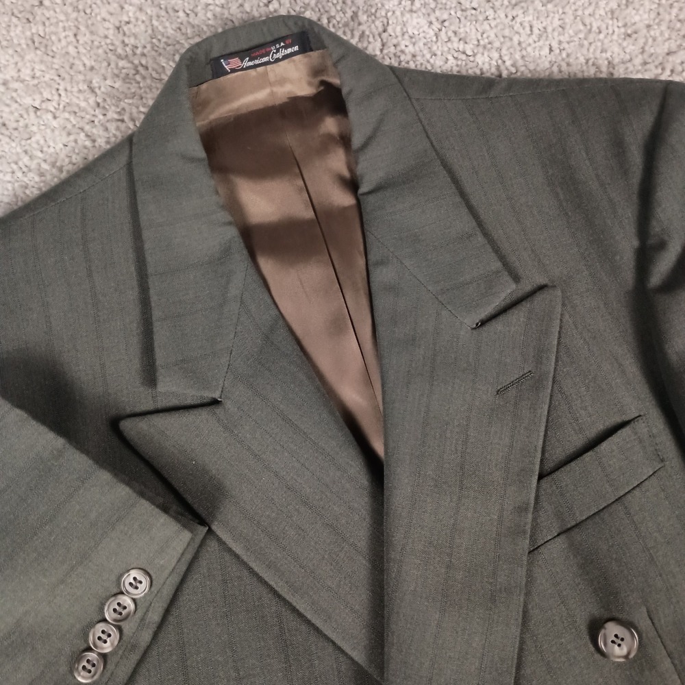 Vintage Stafford 40R Mens Double Breasted Green Blazer w/Black Blue Pinstripe